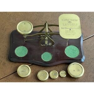 Antique 19th C. Brass Desktop Postal Rates Letter Balance Scales & Orig Weights